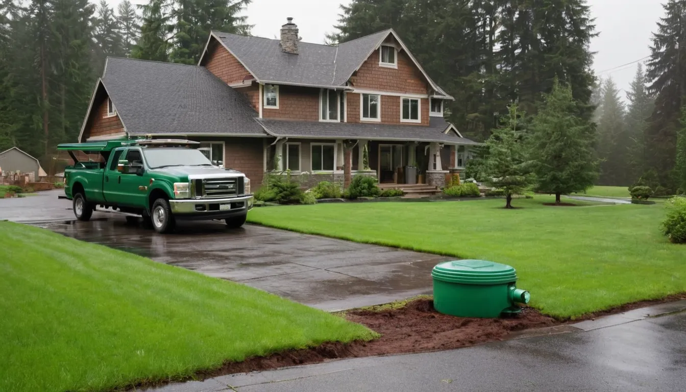 A friendly septic provider checking a yard access lid on a damp lawn in Everett